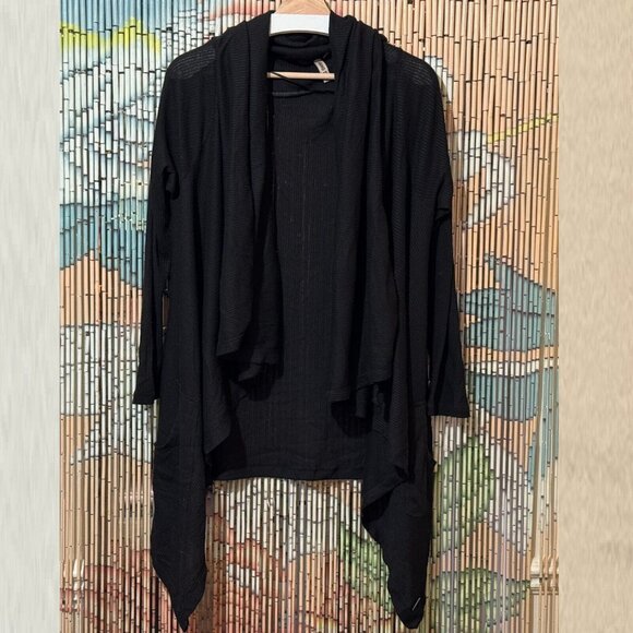 Hang Ten Open Front Drape Ribbed Cardigan with Drawstring, Black, Large - Picture 1 of 13